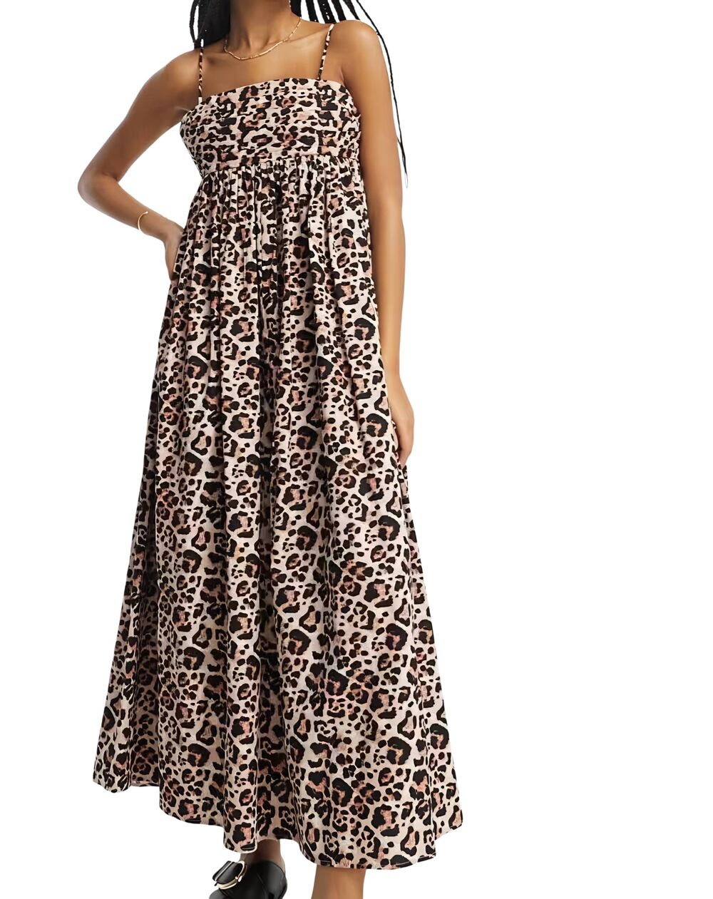 ASOS Dress Women's 8 Tan Animal Print Pleated Midi Cotton Babydoll Sundress